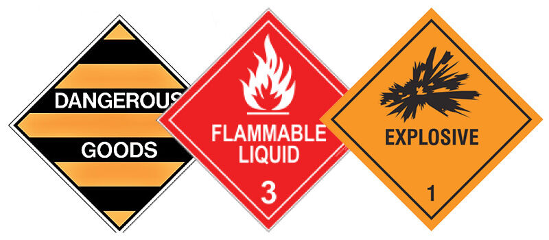 Three warning signs: Dangerous Goods, Flammable Liquid and Explosive