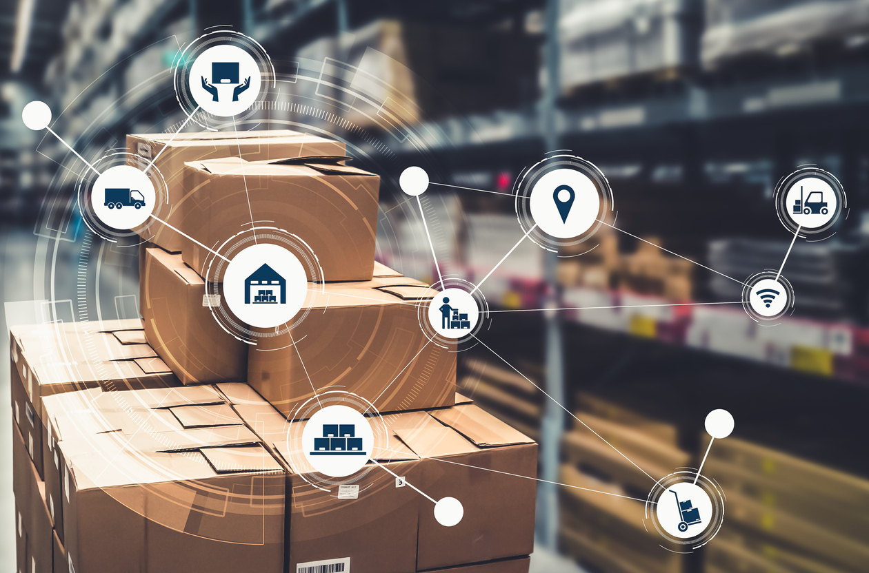 Smart warehouse management system with innovative internet of things technology to identify package picking and delivery . Future concept of supply chain and logistic network business