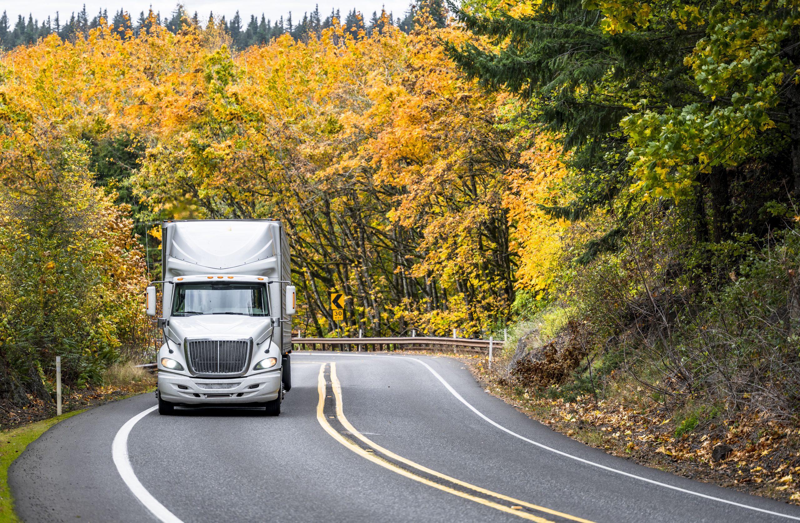 semi truck driving down road with trees